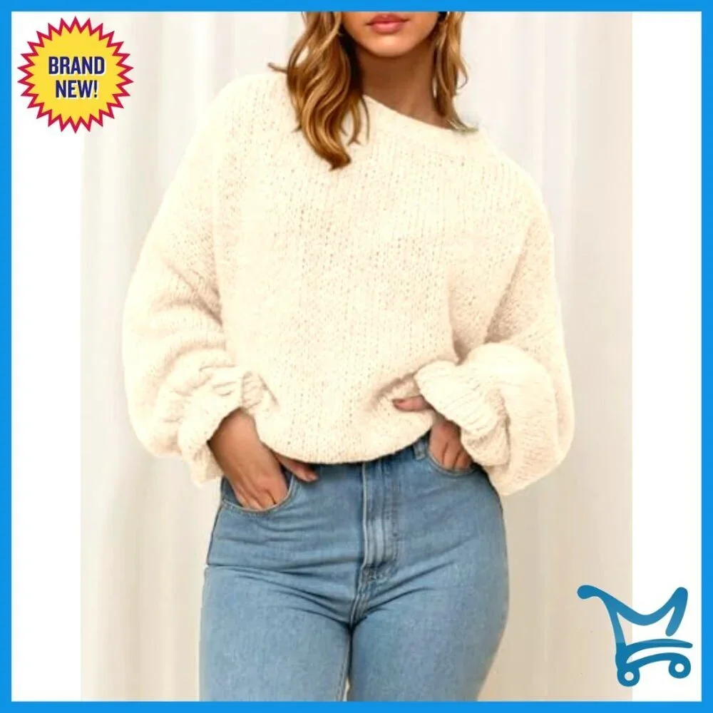Oversized Knit Pullover Sweater Crewneck Fuzzy Warm Long Sleeve Loose Fit